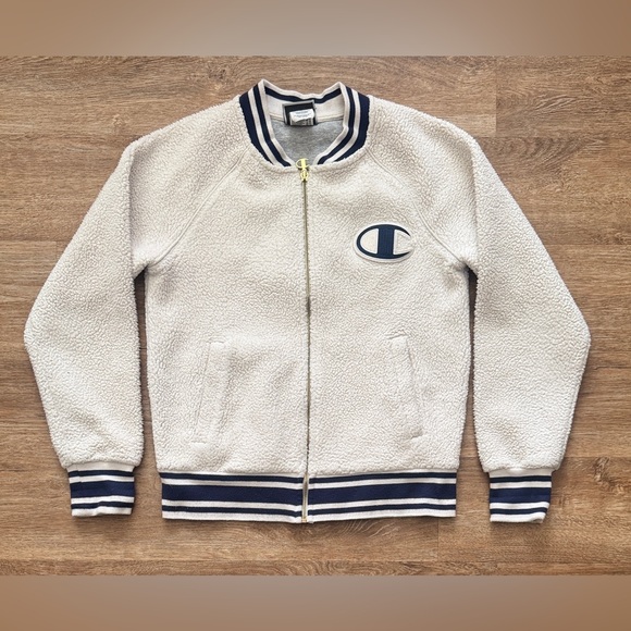 CHAMPION Jacket SHERPA FLEECE BOMBER Logo Patches Script Relaxed Lined Sz Small - Picture 4 of 9